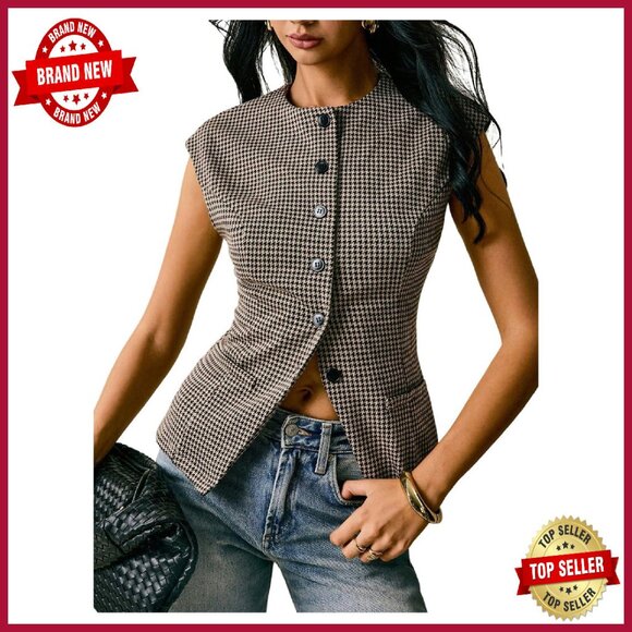 Cap Sleeve Houndstooth Button Down Blouse Work Casual Shirt
